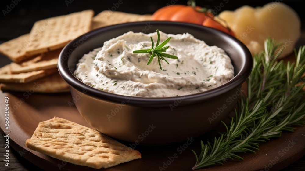 The lens captures a closeup of a creamy and smooth bean dip spread on a piece of crusty bread. The dip, made from pureed beans, is delicately seasoned with herbs and es, offering a harmonious The lens captures a closeup of a creamy and smooth bean dip spread on a piece of crusty bread. The dip, made from pureed beans, is delicately seasoned with herbs and es, offering a harmonious