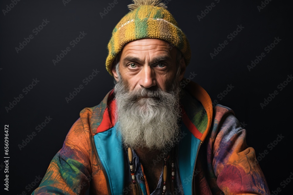 Portrait of an old man with a long gray beard and mustache in a colorful jacket on a black background