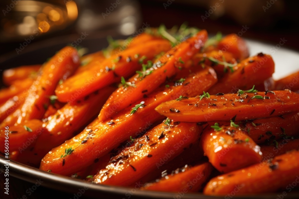 An enticing image of a vibrant honeyglazed roasted carrots dish, each tender and caramelized carrot adorned with a delicate sprinkle of thyme leaves, enhancing the dishs natural sweetness An enticing image of a vibrant honeyglazed roasted carrots dish, each tender and caramelized carrot adorned with a delicate sprinkle of thyme leaves, enhancing the dishs natural sweetness