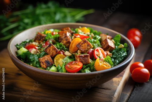 This visually pleasing food shot showcases a colorful tempeh salad bowl, filled with a nutritious mix of fresh greens, cherry tomatoes, chunks of marinated tempeh, roasted sweet potato cubes,