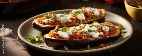 Focusing on the details, the image showcases a beautifully baked Mediterranean stuffed eggplant, b with a tantalizing blend of bulgur, sundried tomatoes, feta cheese, and fresh herbs, resulting