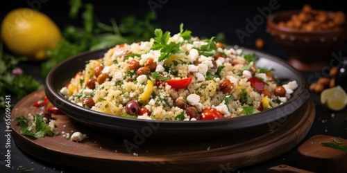 A delectable shot of a Moroccaninspired couscous salad, combining fluffy couscous with tender chickpeas, tangy feta cheese, sundried tomatoes, and a medley of fresh Mediterranean herbs,
