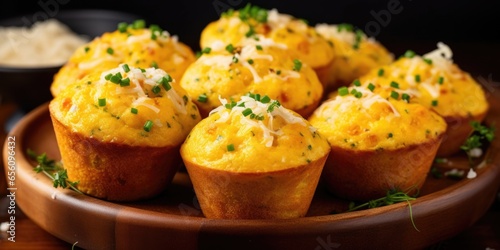 An enticing shot showcasing a platter of cheesy cornbread muffins. The moist and golden muffins are studded with sweet corn kernels, topped with melted cheddar cheese, and garnished with photo