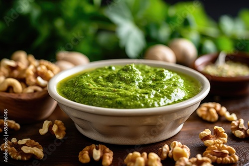 Fading into the background, the blurred bokeh highlights a delectable walnut pesto, captivating the viewer with its vibrant green color and showcasing the finely ground nuts that impart
