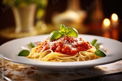 An enticing pasta dish is the focal point of this food shot, featuring al dente noodles enveloped in a fragrant basilinfused tomato sauce, garnished with freshly grated Parmesan and a sprig