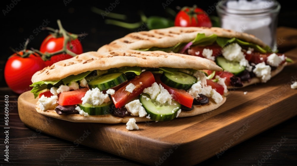 An artistic shot highlighting the freshness and simplicity of a Mediterraneaninspired sandwich, adorned with vibrant slices of ripe tomatoes, cucumber, creamy feta cheese, briny Kalamata An artistic shot highlighting the freshness and simplicity of a Mediterraneaninspired sandwich, adorned with vibrant slices of ripe tomatoes, cucumber, creamy feta cheese, briny Kalamata