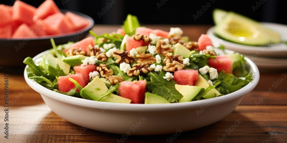 A refreshing bowl featuring a bed of crisp romaine lettuce, accompanied by delicate watermelon cubes, crunchy jicama strips, and candied walnuts. Tossed in a zesty citrus dressing that brings