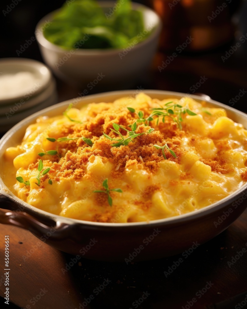This shot showcases a bowl of rich and velvety macaroni and cheese. The pasta is coated in a thick, golden cheese sauce, topped with a generous sprinkle of crispy breadcrumbs that add both This shot showcases a bowl of rich and velvety macaroni and cheese. The pasta is coated in a thick, golden cheese sauce, topped with a generous sprinkle of crispy breadcrumbs that add both