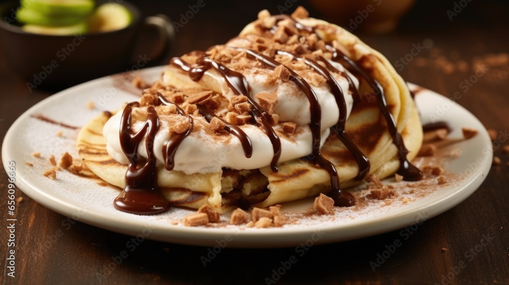This shot highlights a unique and indulgent dessert taco. A crispy cinnamonsugar coated tortilla holds a decadent filling of creamy Nutella and sliced bananas, topped with a sprinkle of This shot highlights a unique and indulgent dessert taco. A crispy cinnamonsugar coated tortilla holds a decadent filling of creamy Nutella and sliced bananas, topped with a sprinkle of