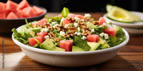 A refreshing bowl featuring a bed of crisp romaine lettuce, accompanied by delicate watermelon cubes, crunchy jicama strips, and candied walnuts. Tossed in a zesty citrus dressing that brings © Justlight