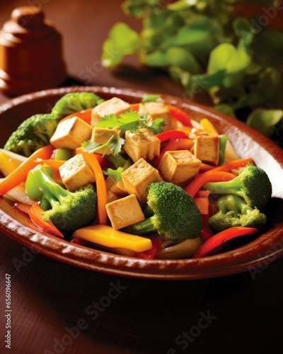The image presents a tempting vegetarian stirfry that highlights the natural beauty of fresh vegetables. Slices of tofu are accompanied by a colorful mix of bell peppers, broccoli, and mushrooms,