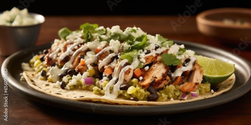 In this shot, a vibrant green taco shell takes center stage, enclosing a filling of fragrant cilantrolime rice, smoky grilled chicken, and a medley of charred corn and black bean salsa.