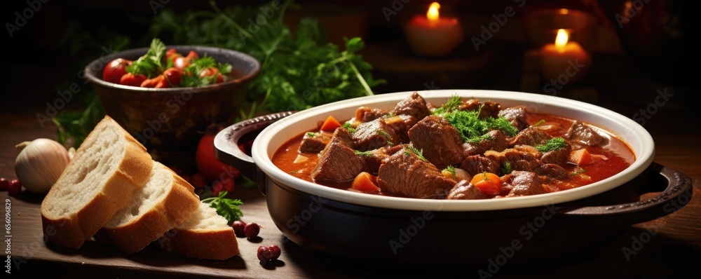 A visually arresting shot captures the essence of goulash as it is being served. Tender beef and velvety sauce fill a bowl, surrounded by rustic bread and fresh herbs, presenting a tantalizing