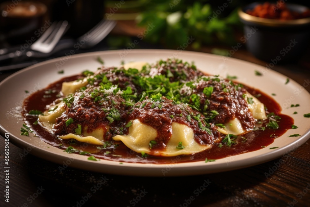 A rustic shot showcasing hearty ravioli stuffed with braised short ribs, smothered in a robust red wine reduction, and adorned with a generous sprinkle of freshly chopped parsley.