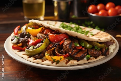 A tantalizing shot reveals a vegetarian twist on the classic gyro. Grilled skewers of tender, marinated vegetables take center stage in a fluffy pita bread. Vibrant red and yellow bell peppers, photo