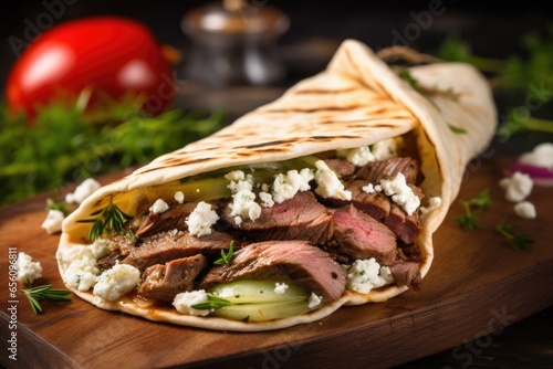 A tantalizing food shot of a gyro, highlighting the rich flavors of thinly sliced meat, wrapped in pita bread, and then garnished with a vibrant mix of fresh herbs and zesty feta cheese.