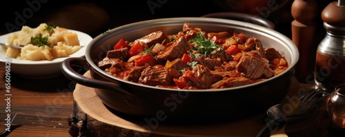 Captured from above  this enticing shot showcases a bowl of goulash in all its rustic glory. Tender morsels of beef intermingle with caramelized onions and vibrant paprika  creating a savory