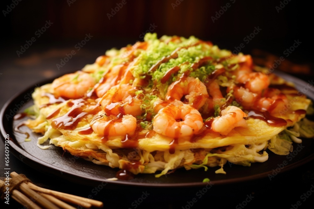 Fototapeta premium A platter of okonomiyaki, a savory pancake, sizzles enticingly with layers of shredded cabbage, freshly caught shrimp, smoky bacon, and spring onions, all bound together with a light batter