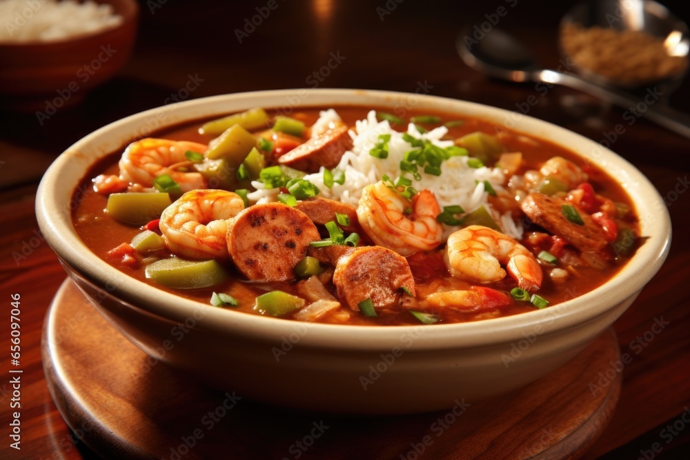 A hearty bowl of gumbo, b with chunks of smoky andouille sausage, tender chunks of chicken, and plump shrimp swimming in a thick and robust rouxbased broth, infused with the flavors of the