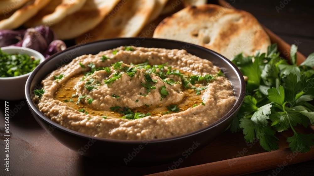 A captivating image captures a traditional Moroccan appetizer, zaalouk, revealing a rustic blend of roasted eggplant, juicy tomatoes, and fragrant garlic, all mashed together into a smooth A captivating image captures a traditional Moroccan appetizer, zaalouk, revealing a rustic blend of roasted eggplant, juicy tomatoes, and fragrant garlic, all mashed together into a smooth