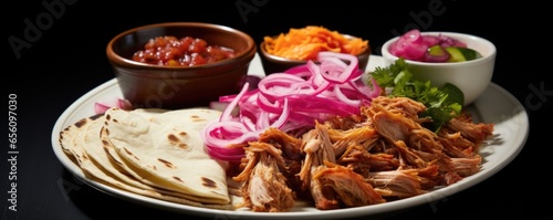 A flavorful platter of cochinita pibil, consisting of slowroasted pulled pork, marinated with a tangy blend of citrus juices and achiote paste, resulting in meltinyourmouth tenderness, served photo