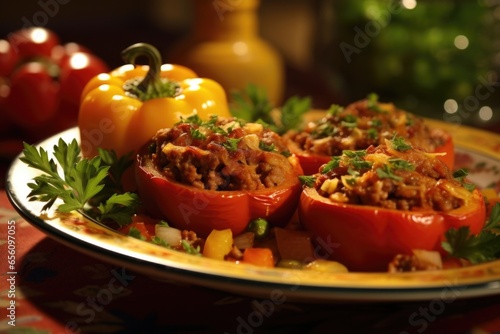 An artful composition showcases a plate of jazzy Creolestyle stuffed bell peppers vibrant bell peppers stuffed with a mouthwatering mixture of seasoned ground beef, fragrant herbs, and a photo