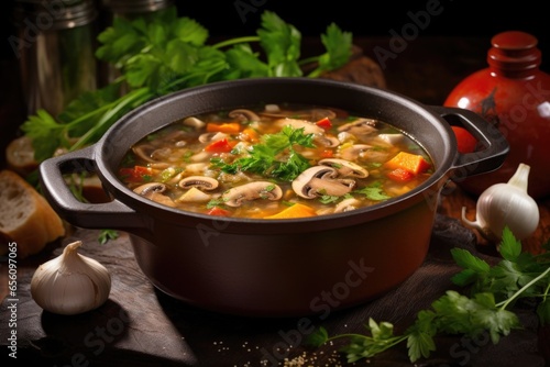Exuding warmth and comfort, a bubbling pot of sopa de mono showcases tender tripe simmered to perfection with an array of vegetables, herbs, and rich es, creating a deeply satisfying and