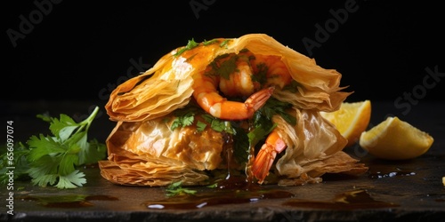  zooms in on a mouthwatering Moroccan prawn briouat, a delectable triangular pastry stuffed with succulent prawns, aromatic herbs, and a hint of y harissa, all wrapped in layers photo