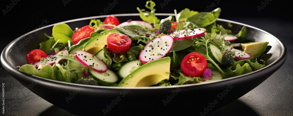 Capturing the vibrant shades of green in a salad bowl, this shot reveals the unique touch of black lava salt, meticulously garnishing a bed of mixed greens, cucumbers, and radishes, offering Capturing the vibrant shades of green in a salad bowl, this shot reveals the unique touch of black lava salt, meticulously garnishing a bed of mixed greens, cucumbers, and radishes, offering