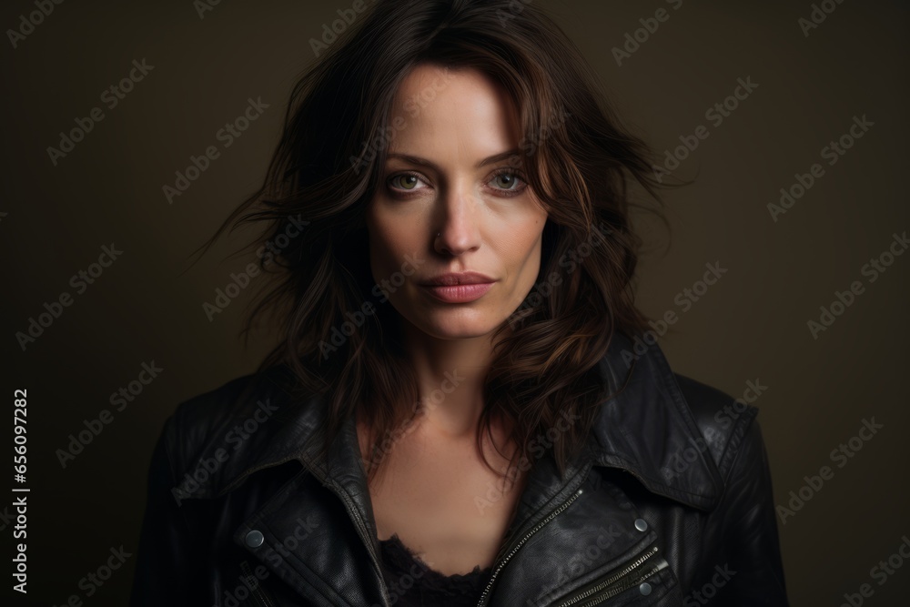 Portrait of a beautiful brunette woman in a leather jacket.