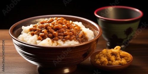A tastefully arranged shot of a bowl of natto, highlighting the sticky and stringy fermented soybeans native to Japan, emphasizing their distinct aroma and acquired taste, often enjoyed