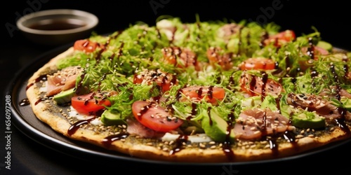 Prepare to be transported to the streets of Tokyo with a specialty pizza inspired by the flavors of Japan. This unique pizza offers a crisp and thin crust adorned with delicate slices of