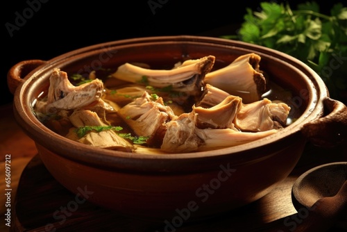 An appetizing image of a bowl of bone broth filled with perfectly tender, falloffthebone pieces of meat, offering a mouthwatering visual representation of its comforting qualities. photo