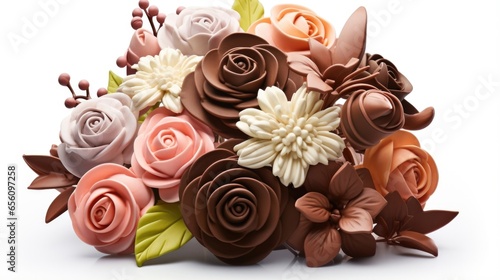 A meticulously crafted milk chocolate sculpture depicting a stunning bouquet of dainty flowers, each petal delicately handpainted with edible food colors, capturing the essence of natures