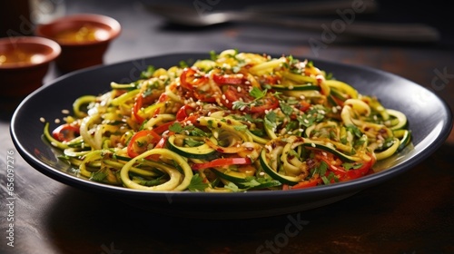 A symphony of flavors and colors  featuring tender zucchini noodles tossed with strips of vibrant red and yellow bell peppers  accompanied by generous sprinkles of toasted sesame seeds for