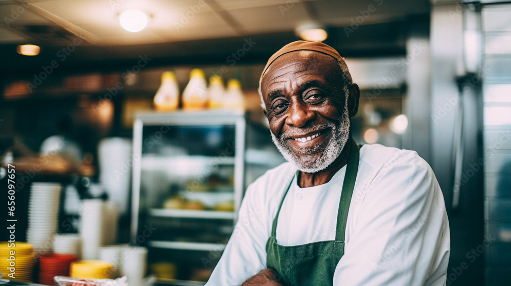 old black man working at a fast food shop old black man working at a fast food shop