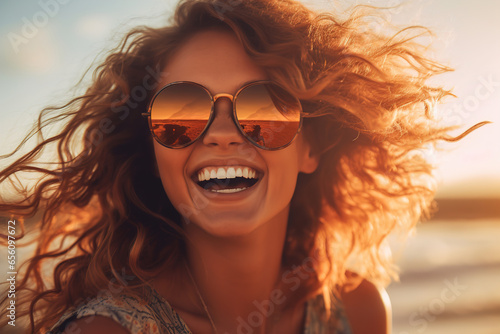 Beautiful smiling woman in mirror sunglasses. Ai generative.