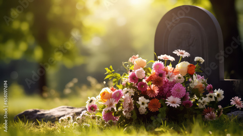 Cemetery, tombstone with flowers, sunny summer day, green grass. Bright memory, sadness, funeral and burial ceremony.