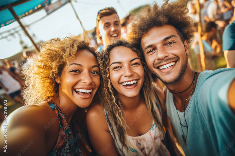 Fototapeta premium Selfie of a group of people at a festival. Ai generative.