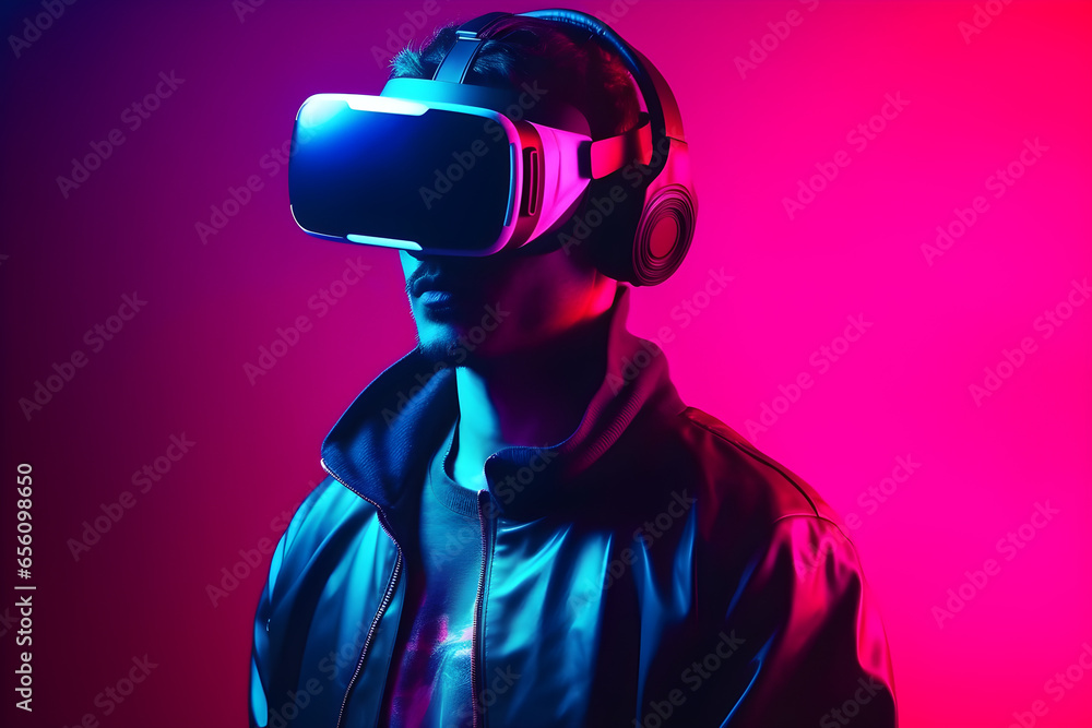 A man in virtual reality headset on purple background with neon lights, Synthwave, VR, future, gadgets, technology, education online, studying, video game concept