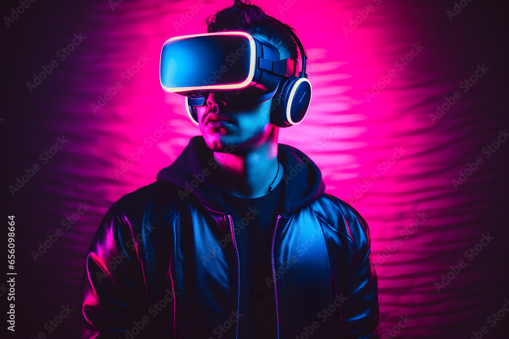 A man in virtual reality headset on purple background with neon lights, Synthwave, VR, future, gadgets, technology, education online, studying, video game concept A man in virtual reality headset on purple background with neon lights, Synthwave, VR, future, gadgets, technology, education online, studying, video game concept