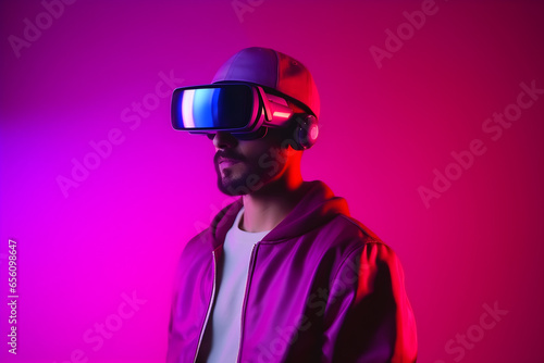 A man in virtual reality headset on purple background with neon lights, Synthwave, VR, future, gadgets, technology, education online, studying, video game concept © Canities