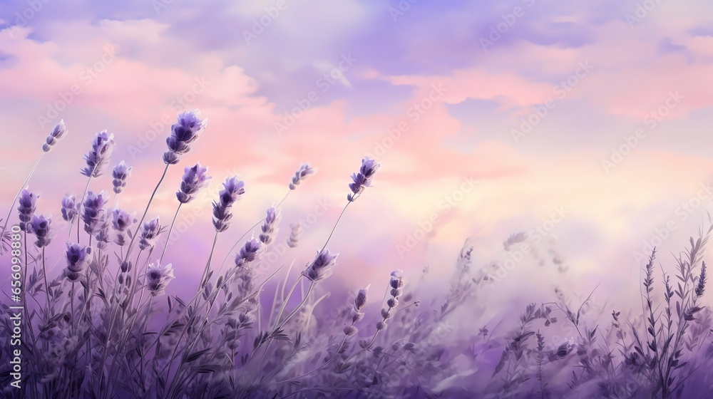A digital artwork that blends a photograph of a field of lavender with a dreamy, ethereal filter. (Generative AI)	 - obrazy, fototapety, plakaty 