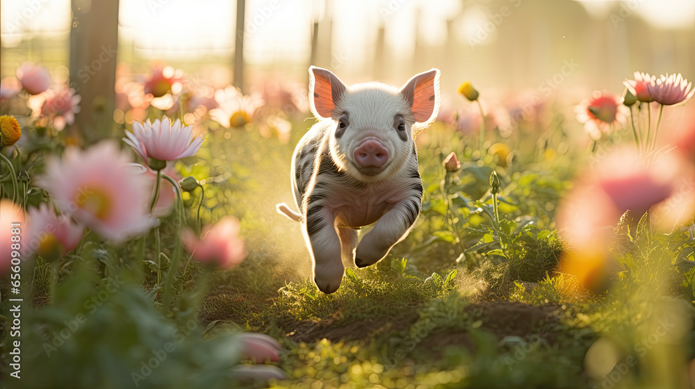 Adorable little pigs running happily. Cute puppies. Adorable little pigs running happily. Cute puppies.