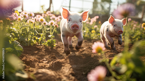Adorable little pigs running happily. Cute puppies.