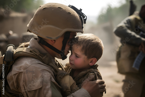 A soldier hugging a child in a war torn village, apocalyptic, civil war, war zone, Consequences of the war