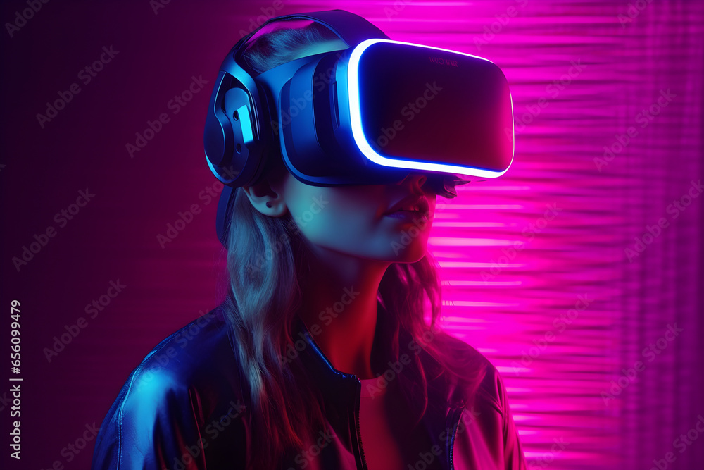 A woman in virtual reality headset on purple background with neon lights, Synthwave, VR, future, gadgets, technology, education online, studying, video game concept A woman in virtual reality headset on purple background with neon lights, Synthwave, VR, future, gadgets, technology, education online, studying, video game concept
