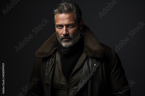 Portrait of a stylish mature man in a leather jacket. Men's beauty, fashion. © Loli