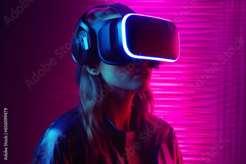 A woman in virtual reality headset on purple background with neon lights, Synthwave, VR, future, gadgets, technology, education online, studying, video game concept