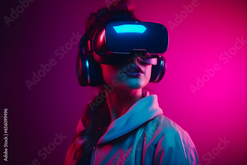 A woman in virtual reality headset on purple background with neon lights, Synthwave, VR, future, gadgets, technology, education online, studying, video game concept © Canities